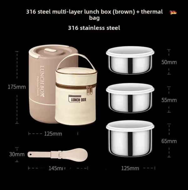 3 Layers Portable Stainless Steel Round Lunch Box With Insulated Lunch Bag - Image 3