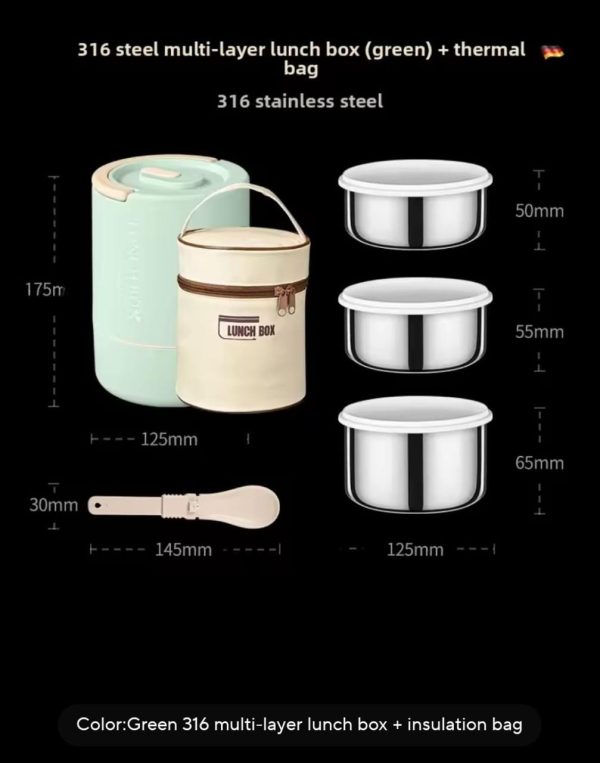3 Layers Portable Stainless Steel Round Lunch Box With Insulated Lunch Bag - Image 2
